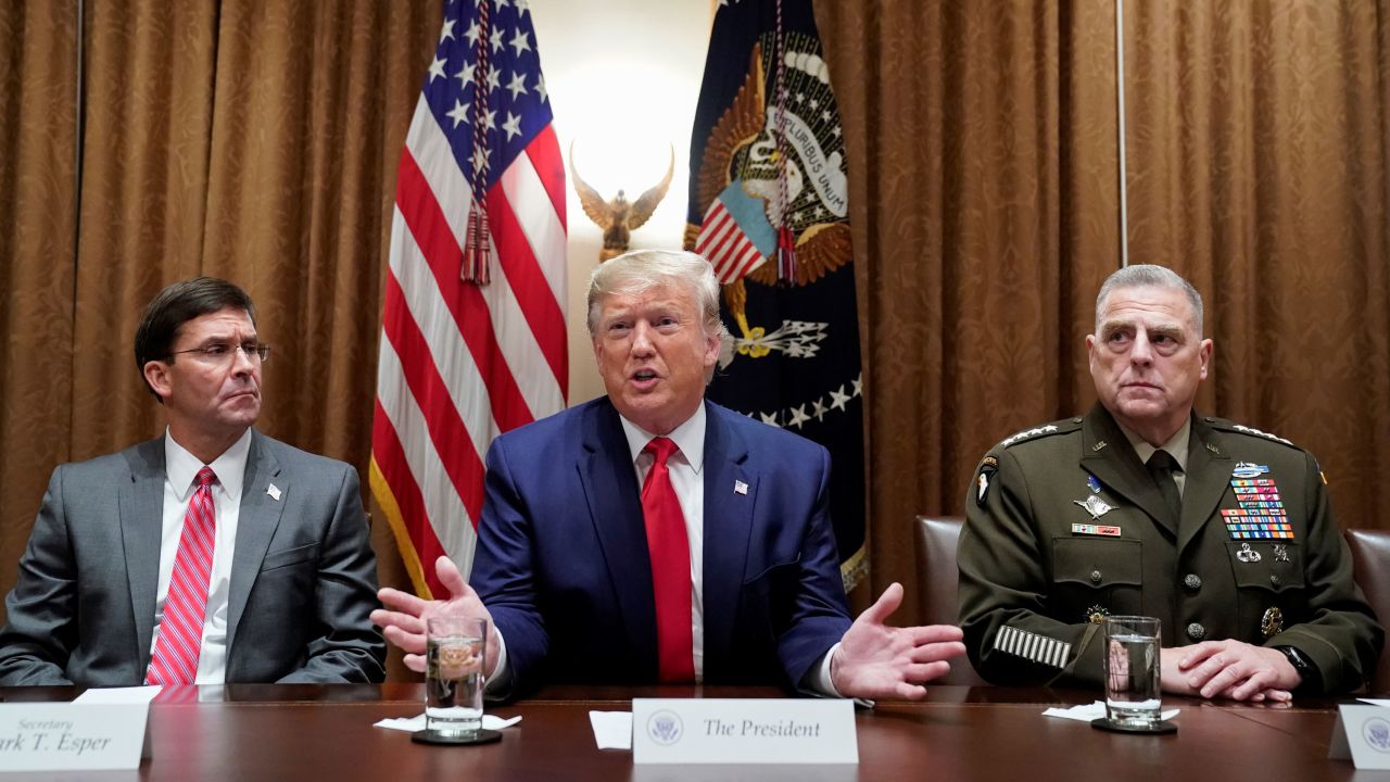 Flanked by Secretary of Defense Mark Esper, left, and Chairman of the Joint Chiefs Mark Milley, President Donald Trump meets with military leaders at the White House on October 7, 2019. 