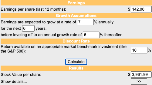 Screenshot from a DCF calculator using the aforementioned numbers