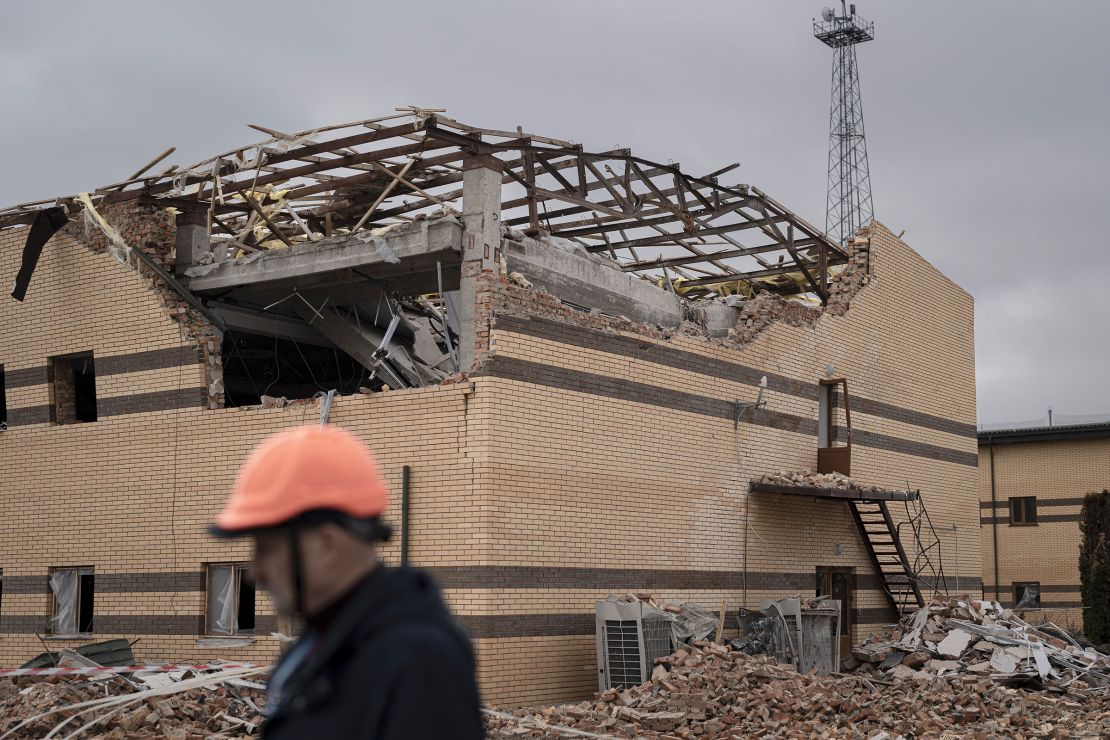 A missile-damaged building at a high-voltage electricity substation, operated by Ukrenergo, that supplies over 6 million consumers in multiple cities as part of the national grid.