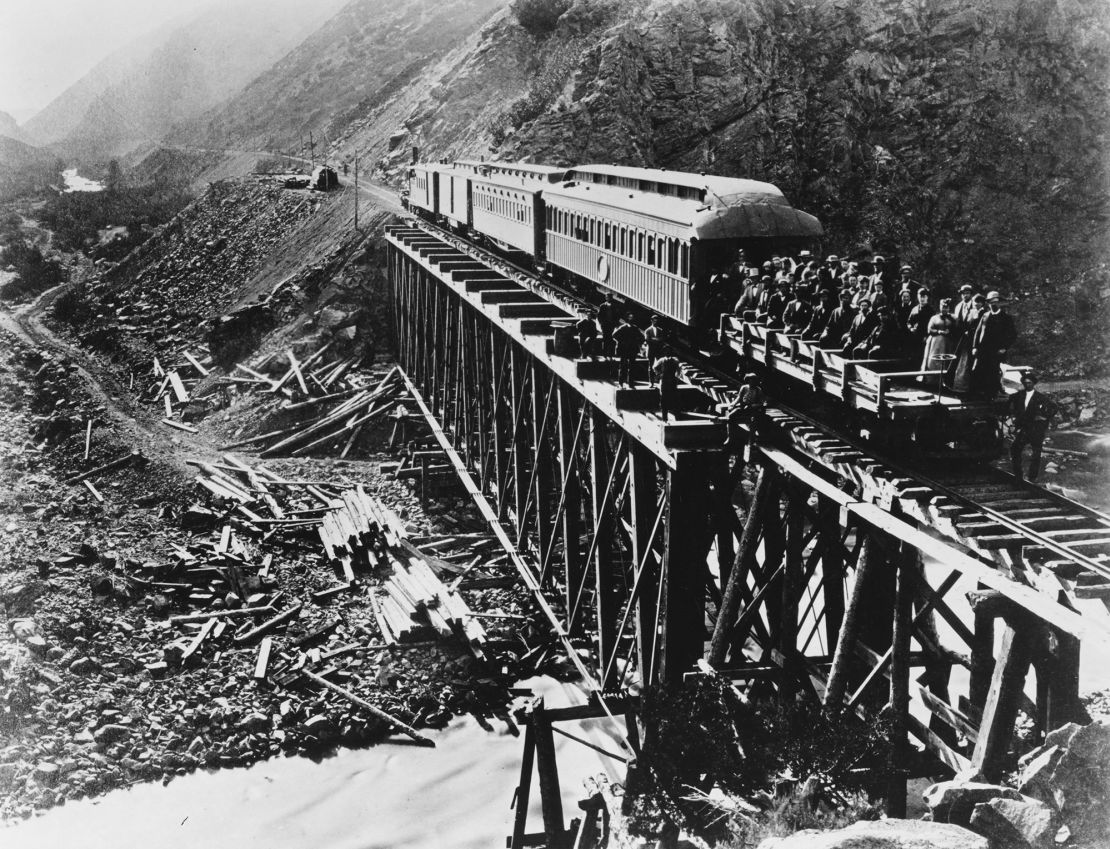 First US Transcontinental Railroad - The Golden Spike celebration Ceremony linking the Central Pacific Railroad with the Union Pacific Railroad, Weber Canyon, at Promontory Point, Utah, May 10th 1869.