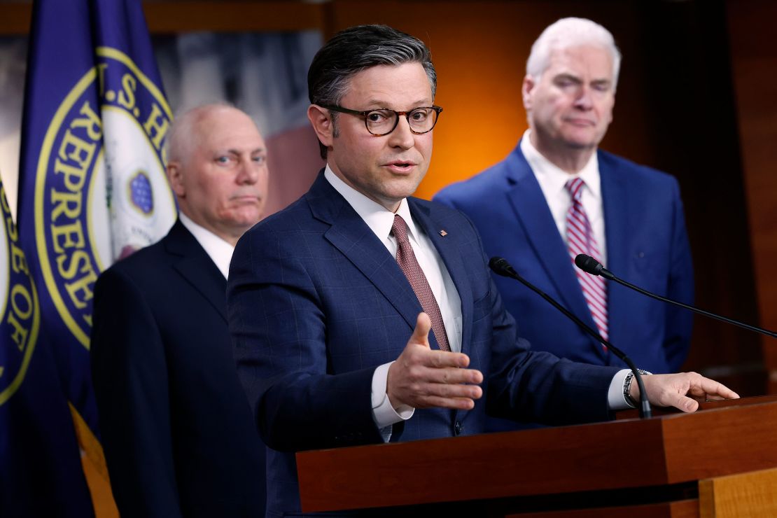 House Speaker Mike Johnson speaks during a news conference with Majority Leader Steve Scalise and Majority Whip Tom Emmer following a closed-door caucus meeting at the U.S. Capitol Visitors Center on March 20 in Washington, DC. 