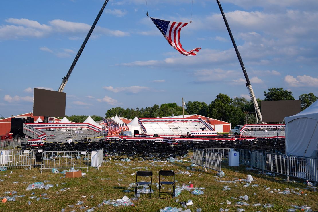 A campaign rally site for Donald Trump is empty and littered with debris Saturday, July 13, in Butler, Pennsylvania.